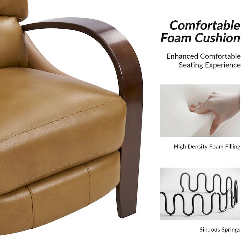 Fauteuil inclinable à dossier basculant en cuir véritable de style Mid-Century avec accoudoirs en bois courbés