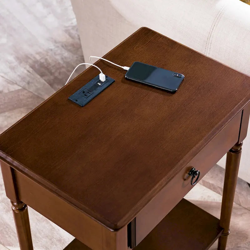 Table de chevet côtière avec ports de charge intégrés, 1 tiroir et étagère inférieure, en bois massif