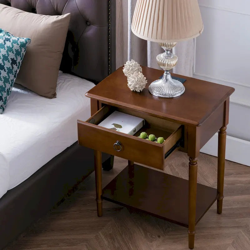 Table de chevet côtière avec ports de charge intégrés, 1 tiroir et étagère inférieure, en bois massif