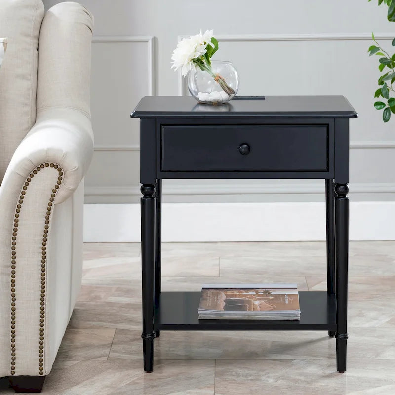 Table de chevet côtière avec ports de charge intégrés, 1 tiroir et étagère inférieure, en bois massif