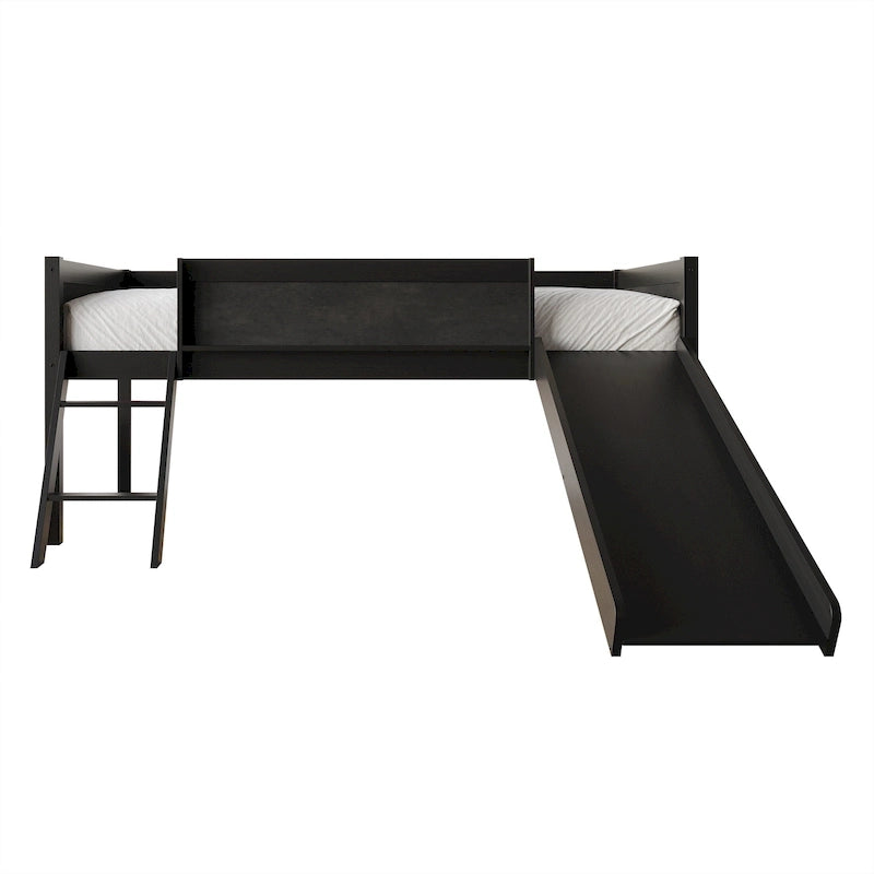 Lit mezzanine bas pour enfants avec toboggan, échelle et tableau noir