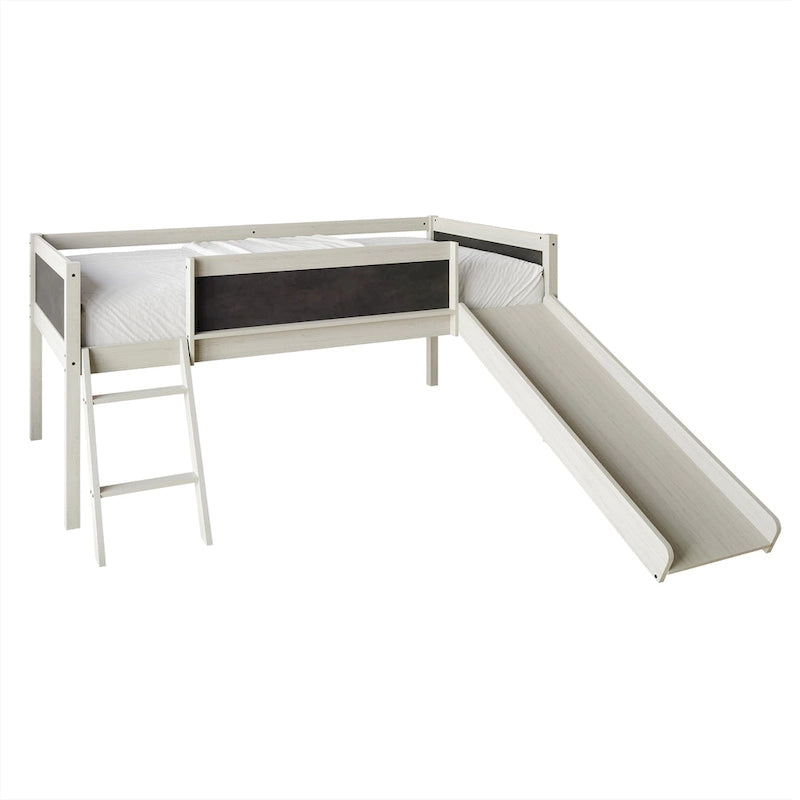 Lit mezzanine bas pour enfants avec toboggan, échelle et tableau noir