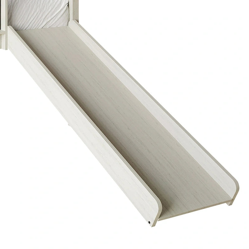 Lit mezzanine bas pour enfants avec toboggan, échelle et tableau noir