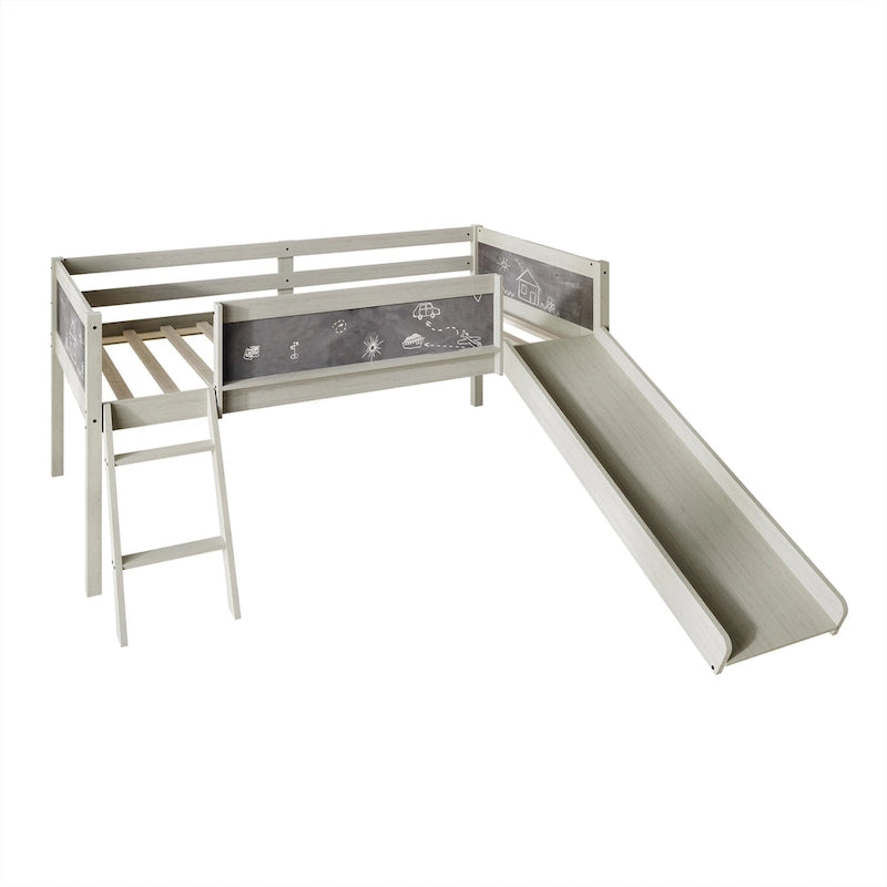 Lit mezzanine bas pour enfants avec toboggan, échelle et tableau noir