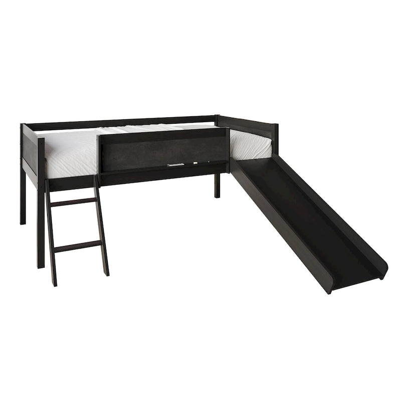Lit mezzanine bas pour enfants avec toboggan, échelle et tableau noir
