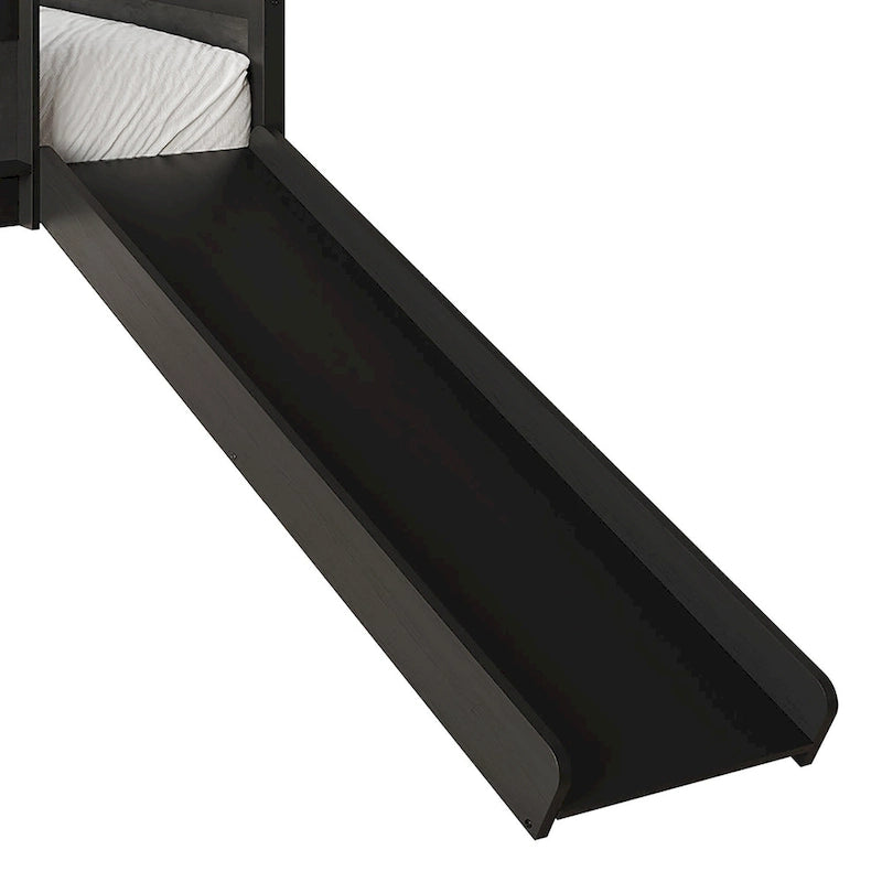 Lit mezzanine bas pour enfants avec toboggan, échelle et tableau noir