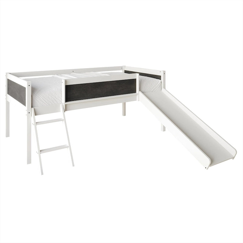 Lit mezzanine bas pour enfants avec toboggan, échelle et tableau noir