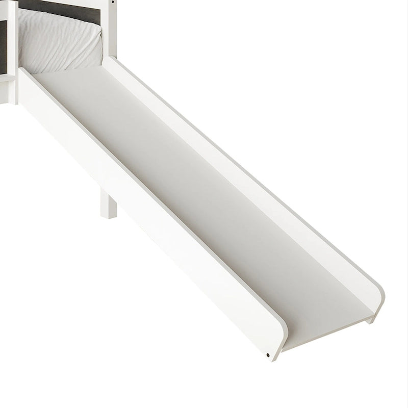 Lit mezzanine bas pour enfants avec toboggan, échelle et tableau noir