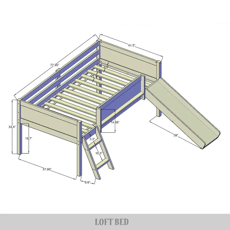 Lit mezzanine bas pour enfants avec toboggan, échelle et tableau noir