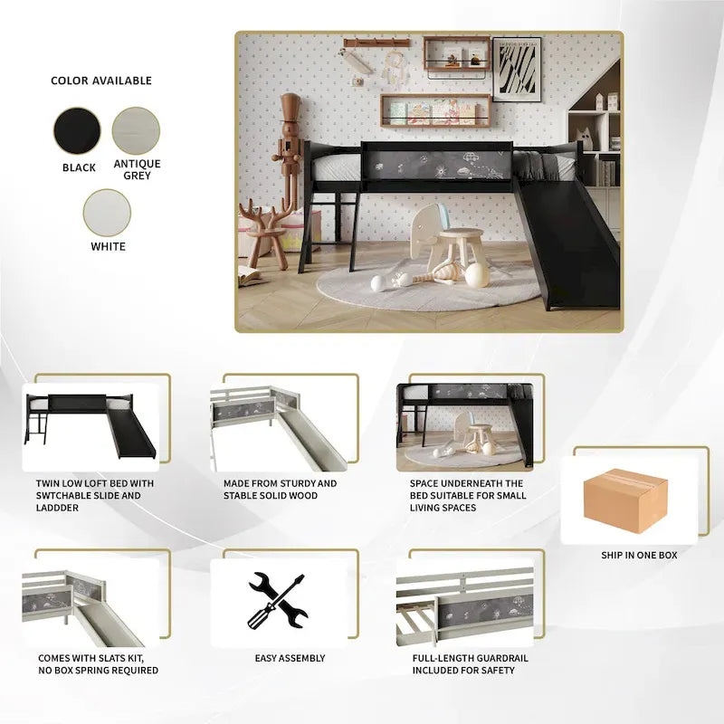 Lit mezzanine bas pour enfants avec toboggan, échelle et tableau noir