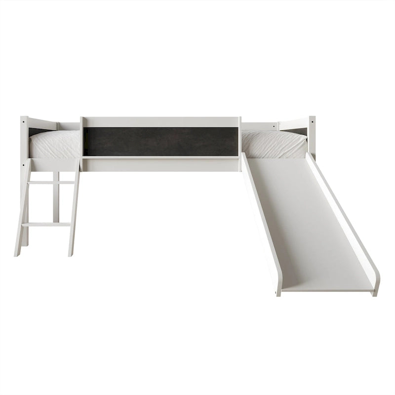 Lit mezzanine bas pour enfants avec toboggan, échelle et tableau noir