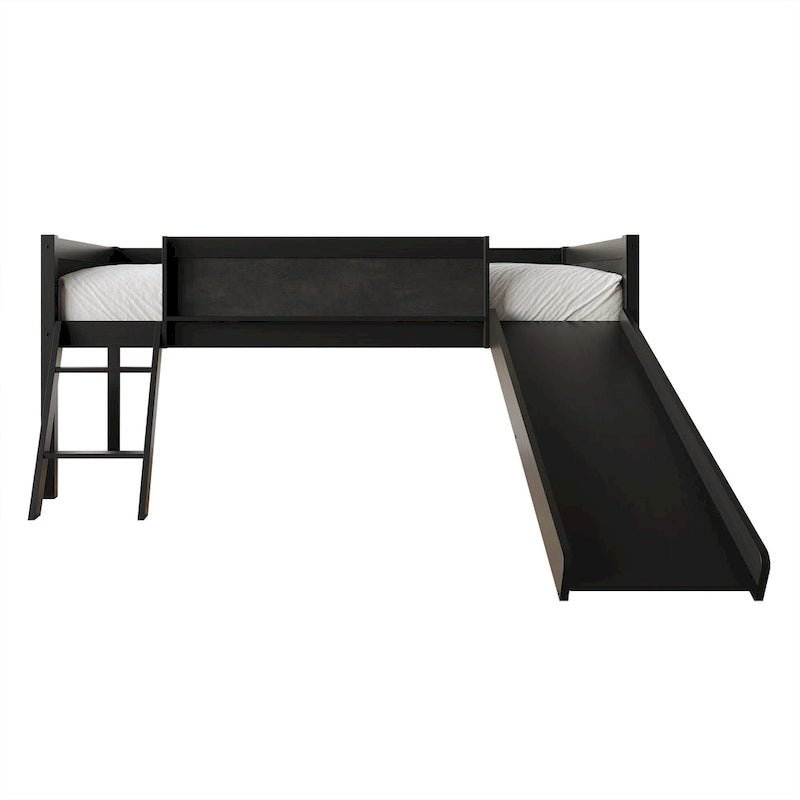 Lit mezzanine bas pour enfants avec toboggan, échelle et tableau noir