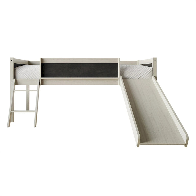 Lit mezzanine bas pour enfants avec toboggan, échelle et tableau noir