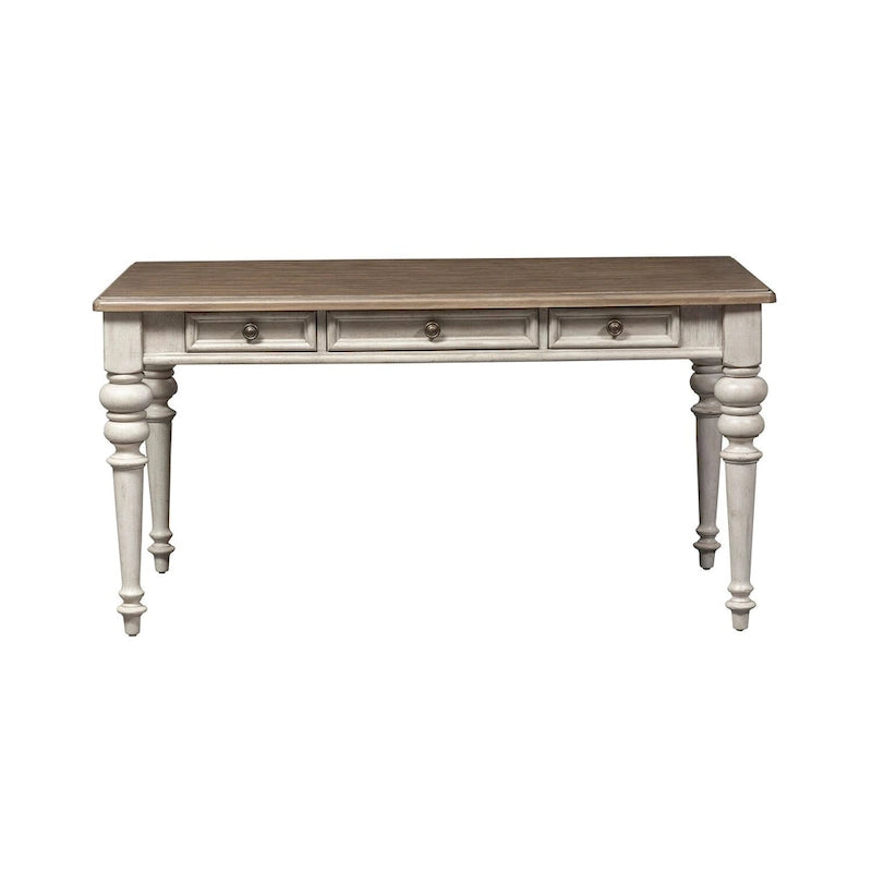 Bureau d'écriture de style ferme avec 3 tiroirs – Finition vieillie blanc antique et plateau couleur tabac