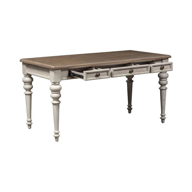 Bureau d'écriture de style ferme avec 3 tiroirs – Finition vieillie blanc antique et plateau couleur tabac