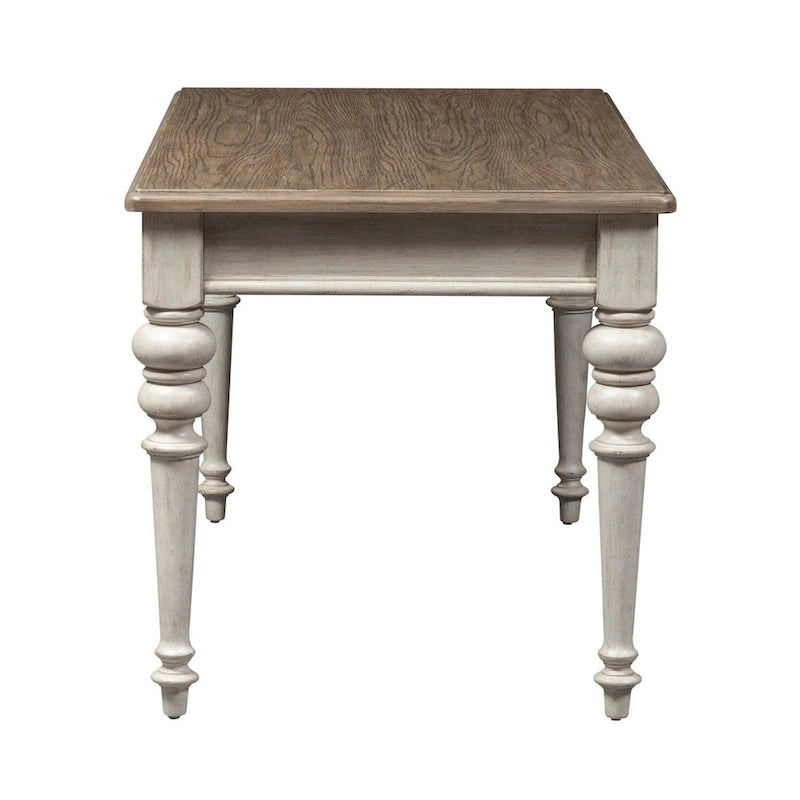 Bureau d'écriture de style ferme avec 3 tiroirs – Finition vieillie blanc antique et plateau couleur tabac