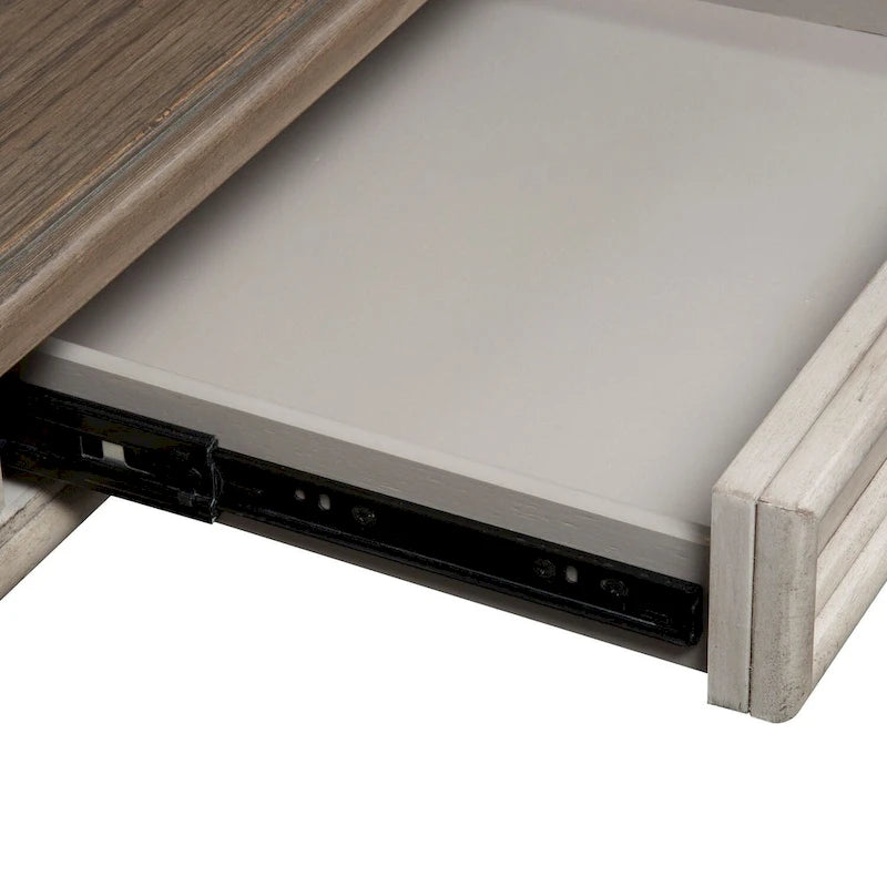 Bureau d'écriture de style ferme avec 3 tiroirs – Finition vieillie blanc antique et plateau couleur tabac