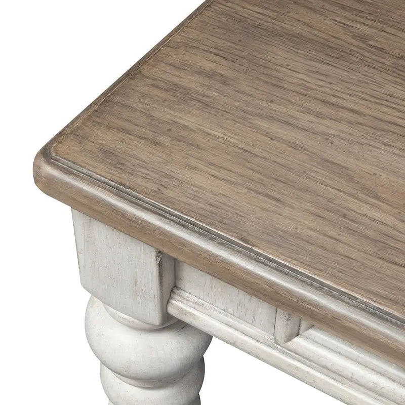 Bureau d'écriture de style ferme avec 3 tiroirs – Finition vieillie blanc antique et plateau couleur tabac