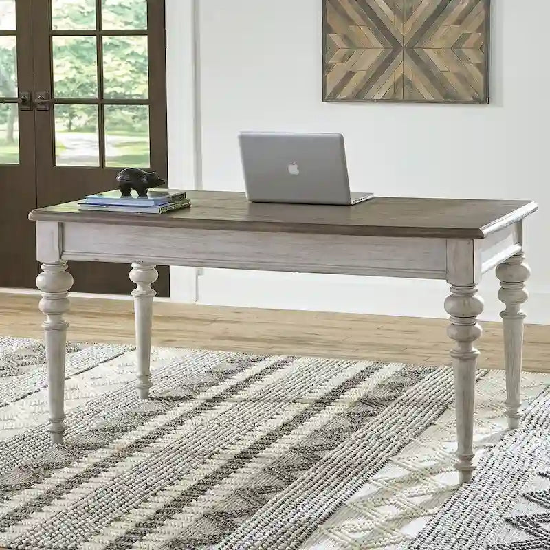 Bureau d'écriture de style ferme avec 3 tiroirs – Finition vieillie blanc antique et plateau couleur tabac