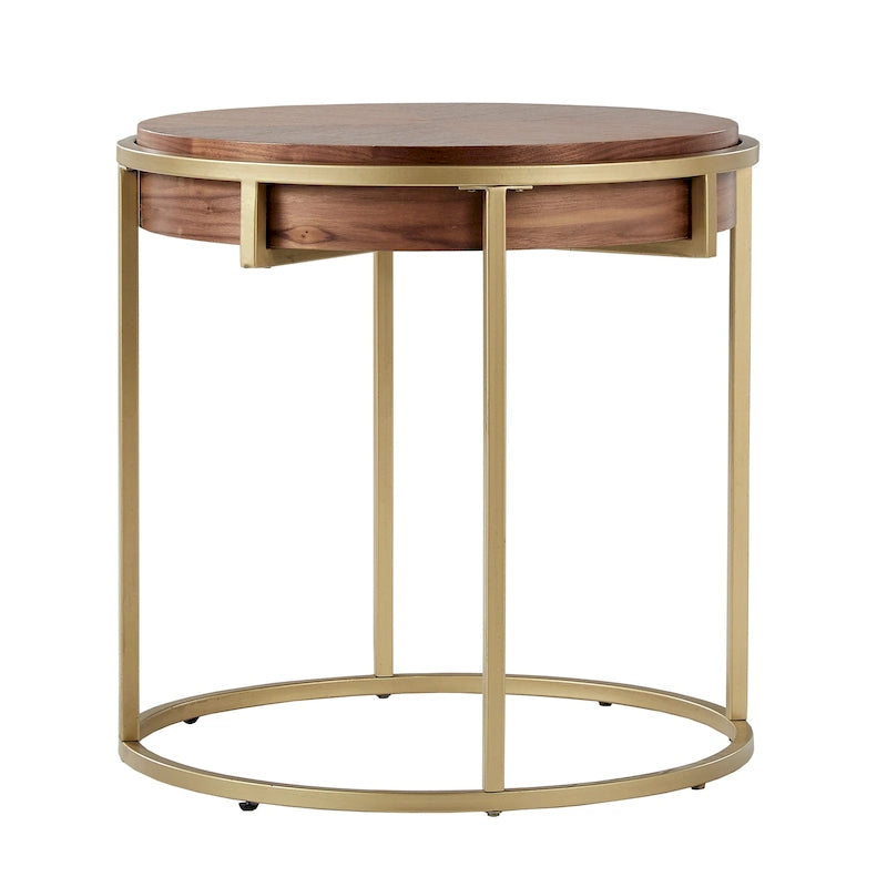 Table d'appoint ronde avec plateau géométrique en placage de noyer et base en métal doré, style Mid-Century Modern