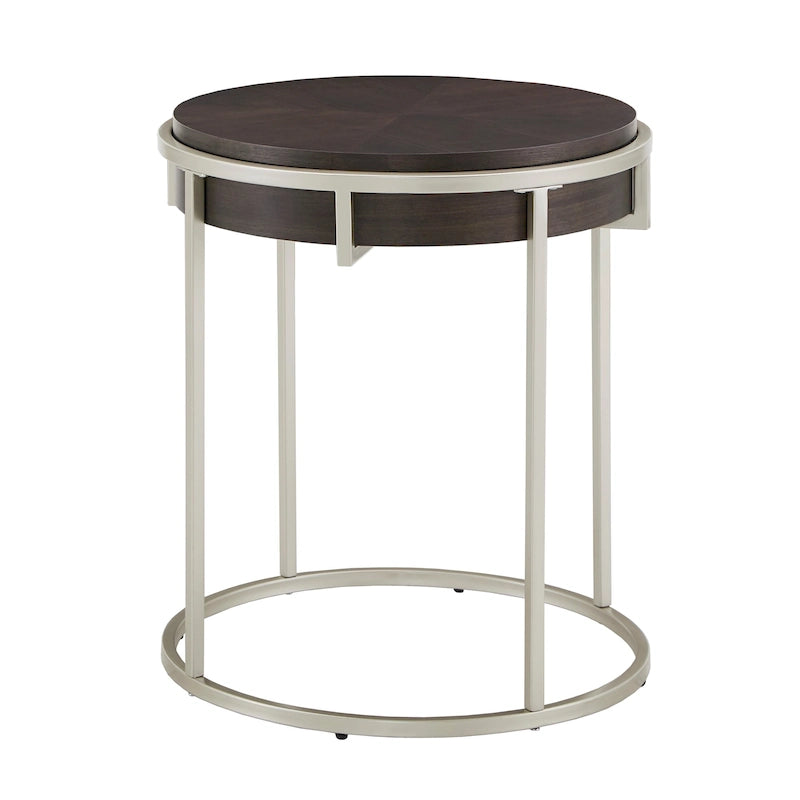 Table d'appoint ronde avec plateau géométrique en placage de noyer et base en métal doré, style Mid-Century Modern