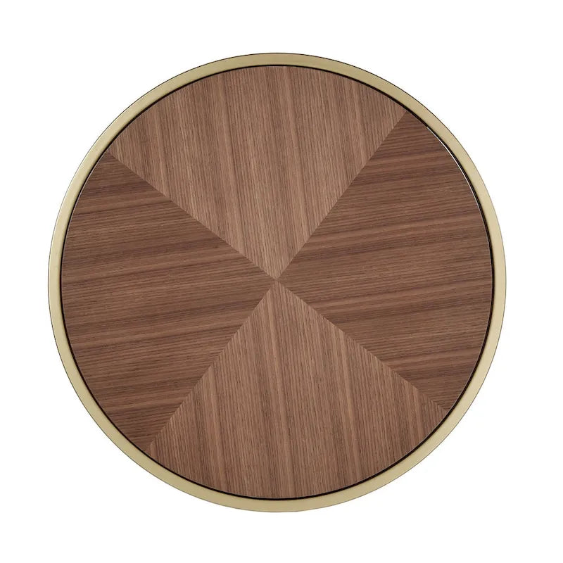 Table d'appoint ronde avec plateau géométrique en placage de noyer et base en métal doré, style Mid-Century Modern