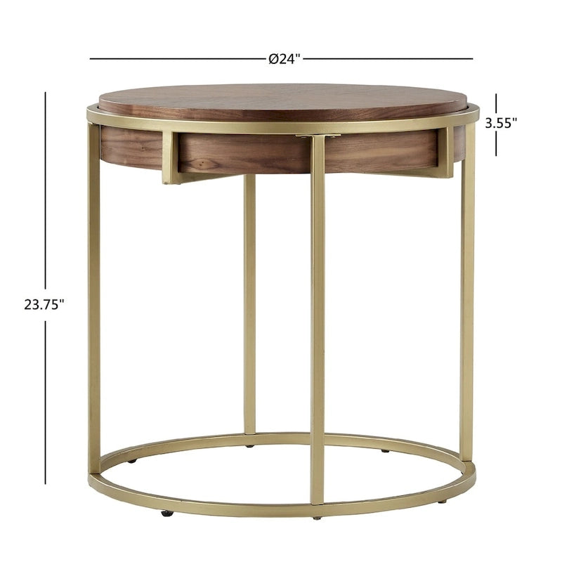 Table d'appoint ronde avec plateau géométrique en placage de noyer et base en métal doré, style Mid-Century Modern