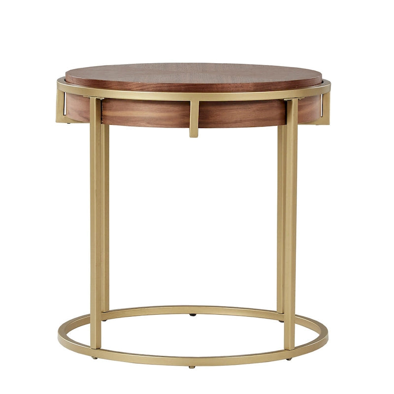Table d'appoint ronde avec plateau géométrique en placage de noyer et base en métal doré, style Mid-Century Modern