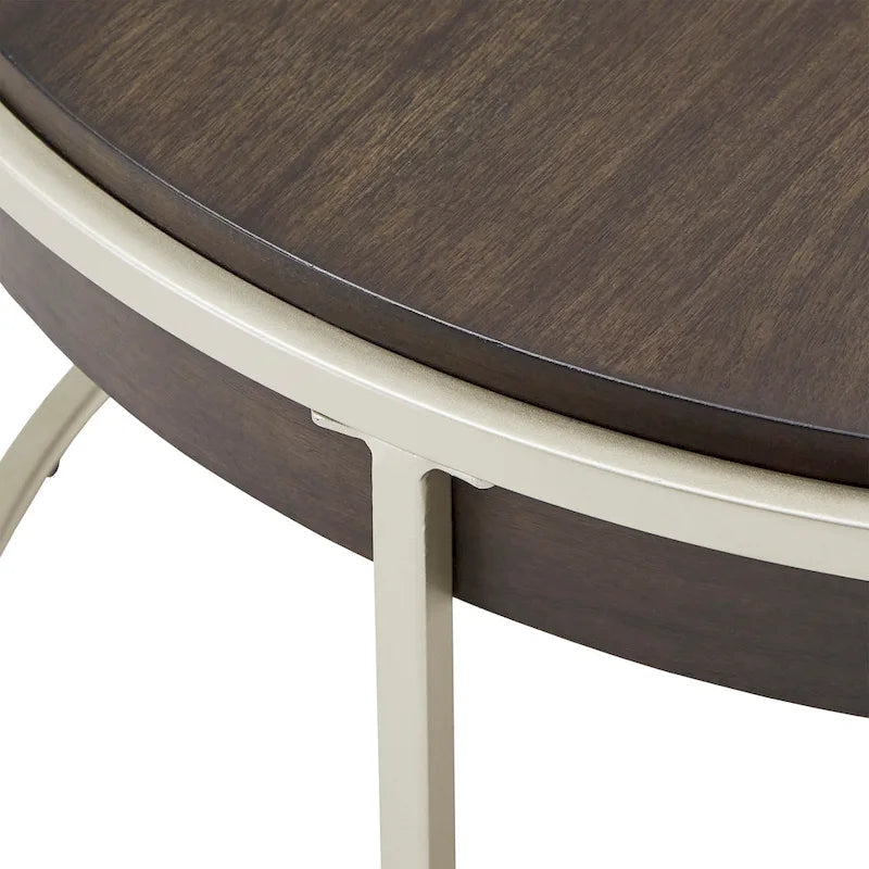 Table d'appoint ronde avec plateau géométrique en placage de noyer et base en métal doré, style Mid-Century Modern