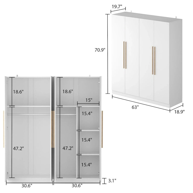 Grande armoire 4 portes avec tringles et étagères – Charnières à fermeture douce