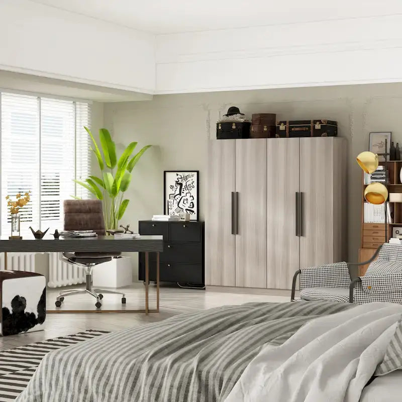 Grande armoire 4 portes avec tringles et étagères – Charnières à fermeture douce