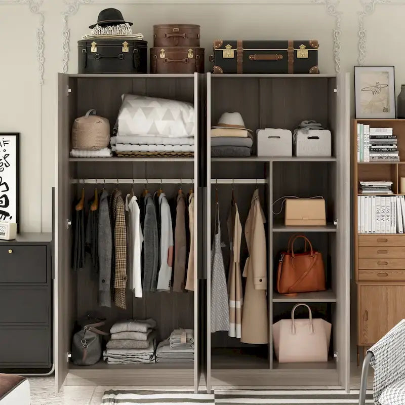 Grande armoire 4 portes avec tringles et étagères – Charnières à fermeture douce