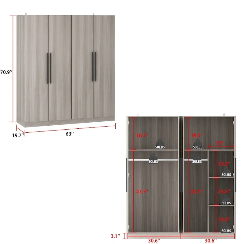 Grande armoire 4 portes avec tringles et étagères – Charnières à fermeture douce
