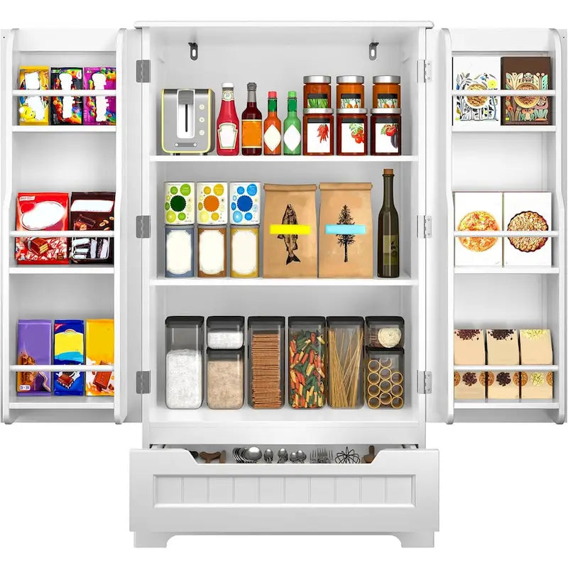 Meuble de rangement de cuisine autoportant avec 3 étagères, 1 tiroir et portes-épices, blanc