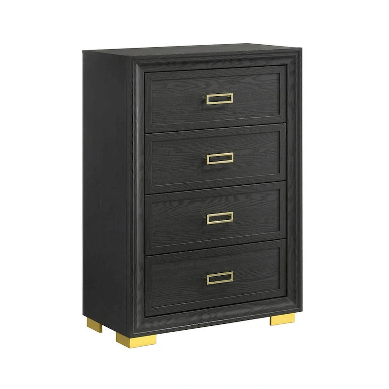 Commode à 4 tiroirs de 122 cm avec pieds en U dorés et poignées de cadre, gris foncé