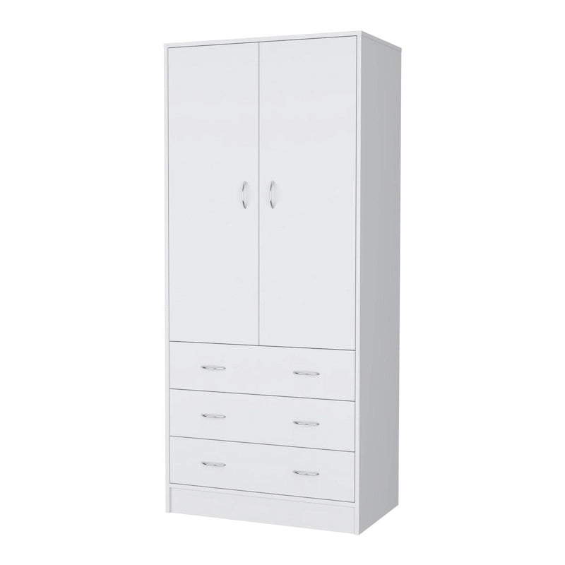 Armoire de chambre avec portes doubles, tringle de penderie intégrée et 3 tiroirs extérieurs