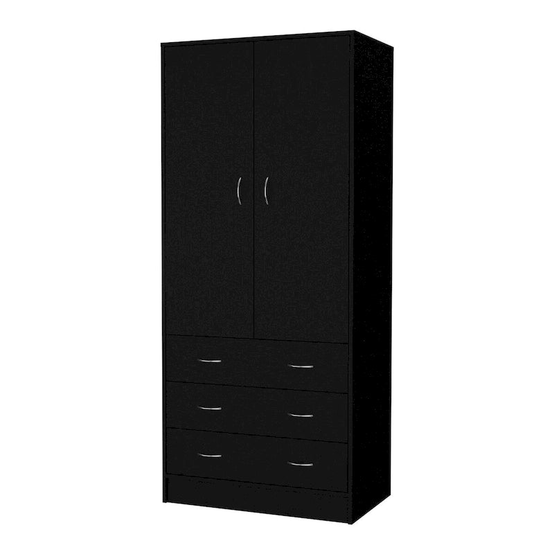 Armoire de chambre avec portes doubles, tringle de penderie intégrée et 3 tiroirs extérieurs