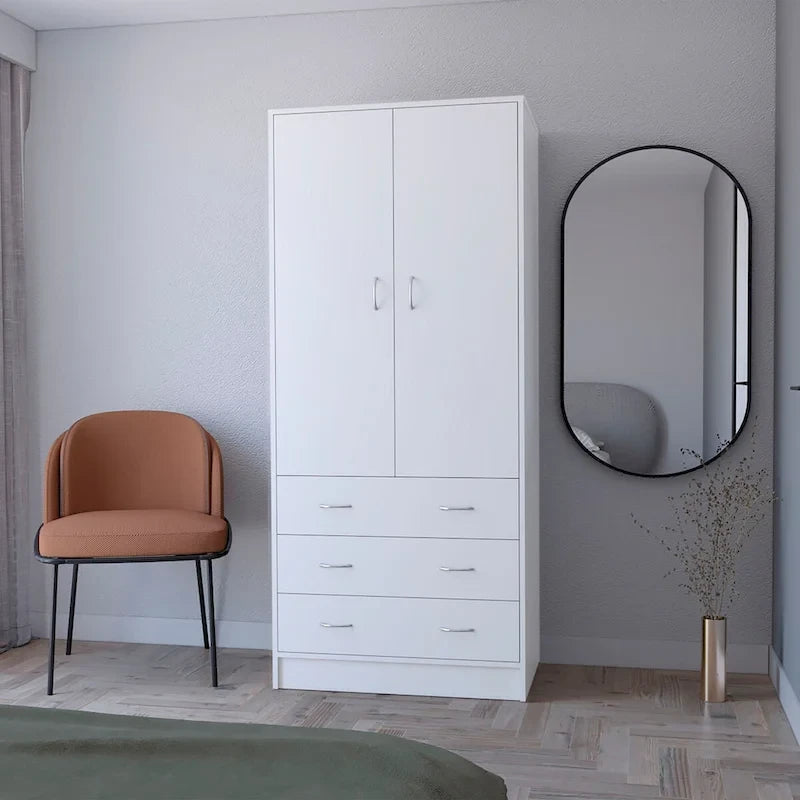 Armoire de chambre avec portes doubles, tringle de penderie intégrée et 3 tiroirs extérieurs