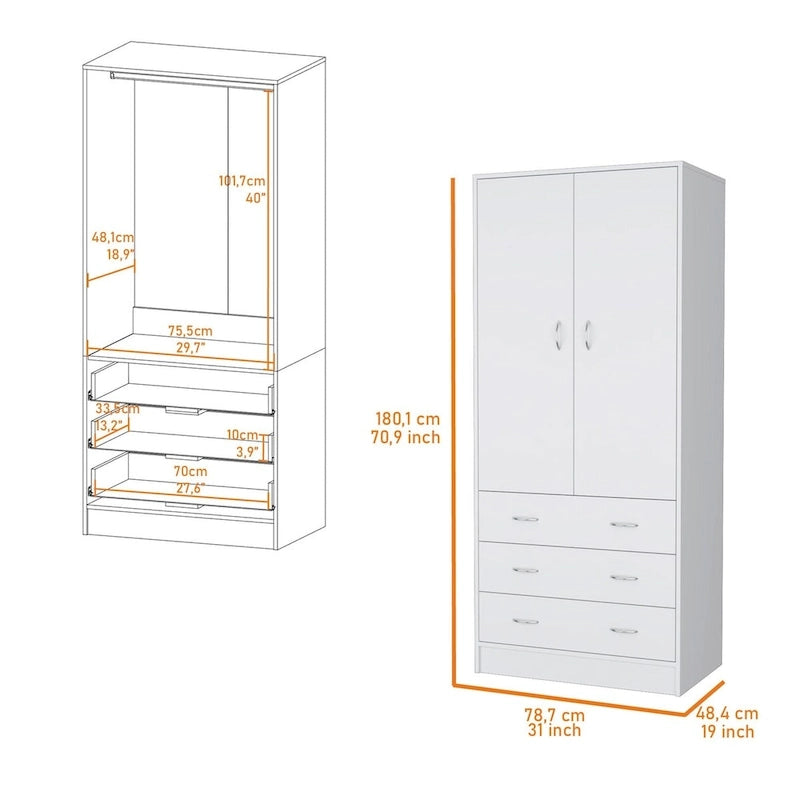 Armoire de chambre avec portes doubles, tringle de penderie intégrée et 3 tiroirs extérieurs