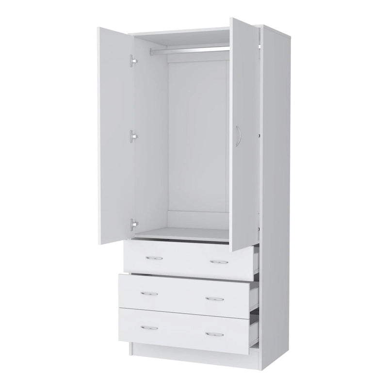 Armoire de chambre avec portes doubles, tringle de penderie intégrée et 3 tiroirs extérieurs