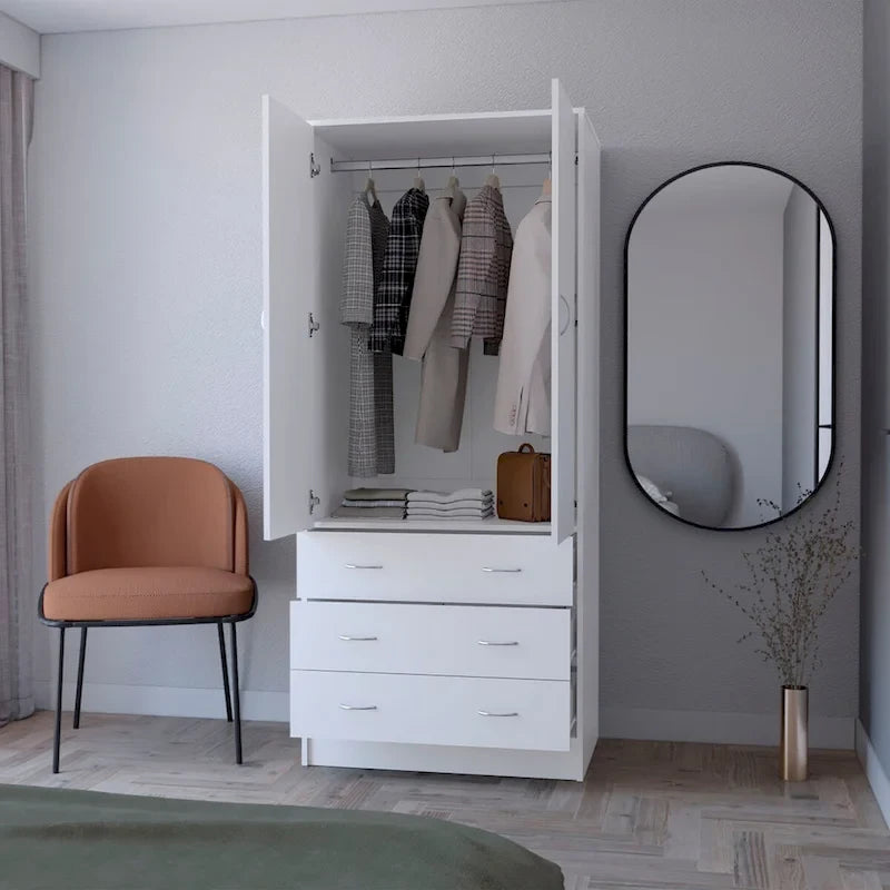 Armoire de chambre avec portes doubles, tringle de penderie intégrée et 3 tiroirs extérieurs