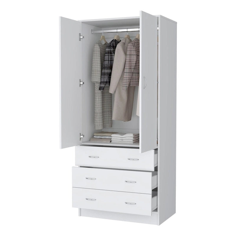 Armoire de chambre avec portes doubles, tringle de penderie intégrée et 3 tiroirs extérieurs