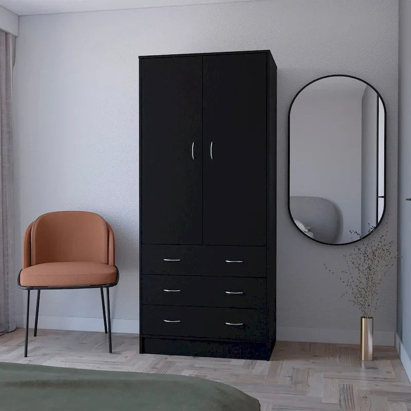 Armoire de chambre avec portes doubles, tringle de penderie intégrée et 3 tiroirs extérieurs