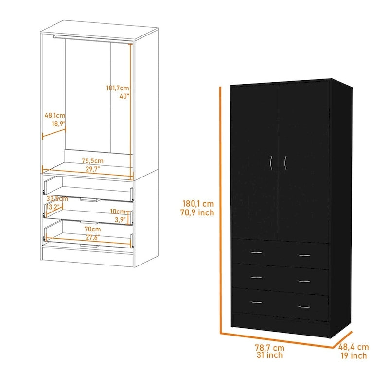 Armoire de chambre avec portes doubles, tringle de penderie intégrée et 3 tiroirs extérieurs
