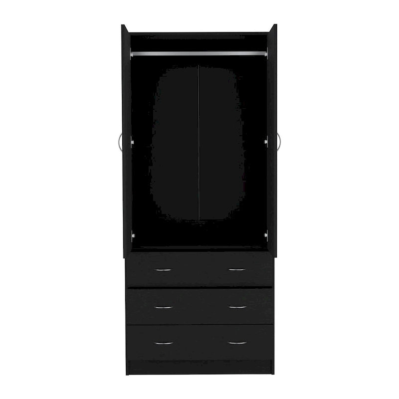 Armoire de chambre avec portes doubles, tringle de penderie intégrée et 3 tiroirs extérieurs