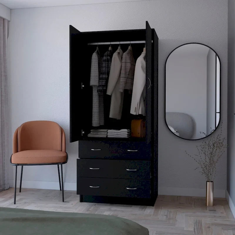 Armoire de chambre avec portes doubles, tringle de penderie intégrée et 3 tiroirs extérieurs
