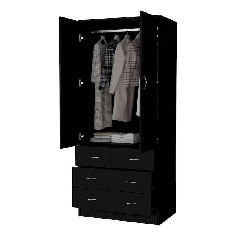 Armoire de chambre avec portes doubles, tringle de penderie intégrée et 3 tiroirs extérieurs