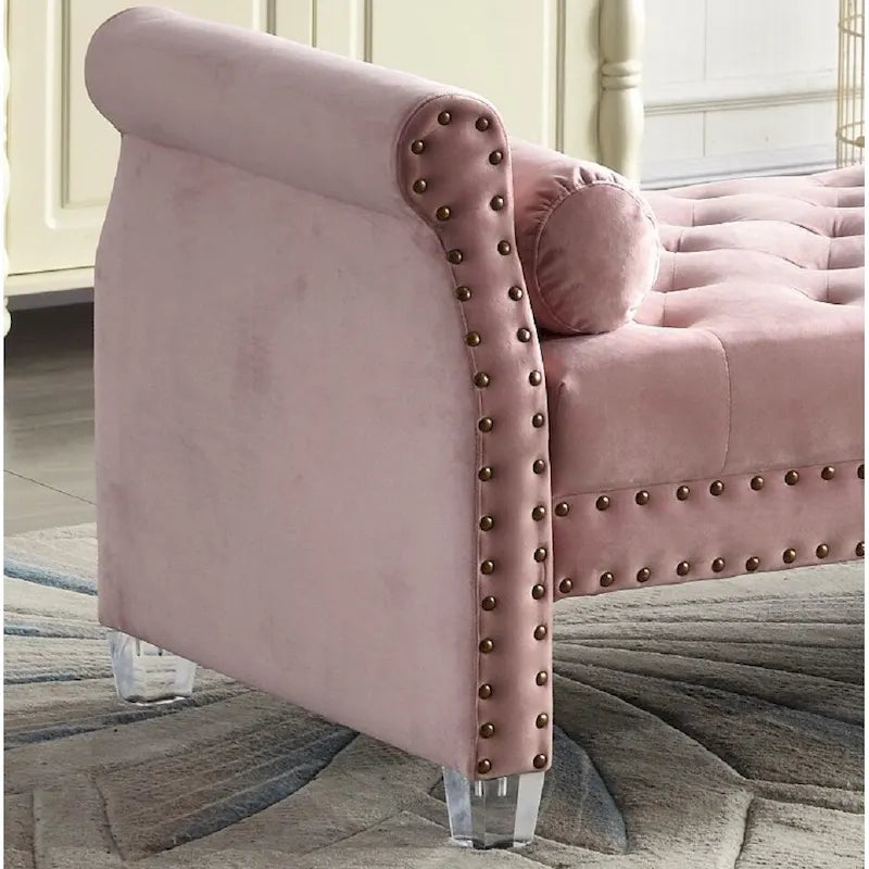 Banc capitonné surdimensionné en velours de 180 cm avec accoudoirs roulés et pieds en acrylique