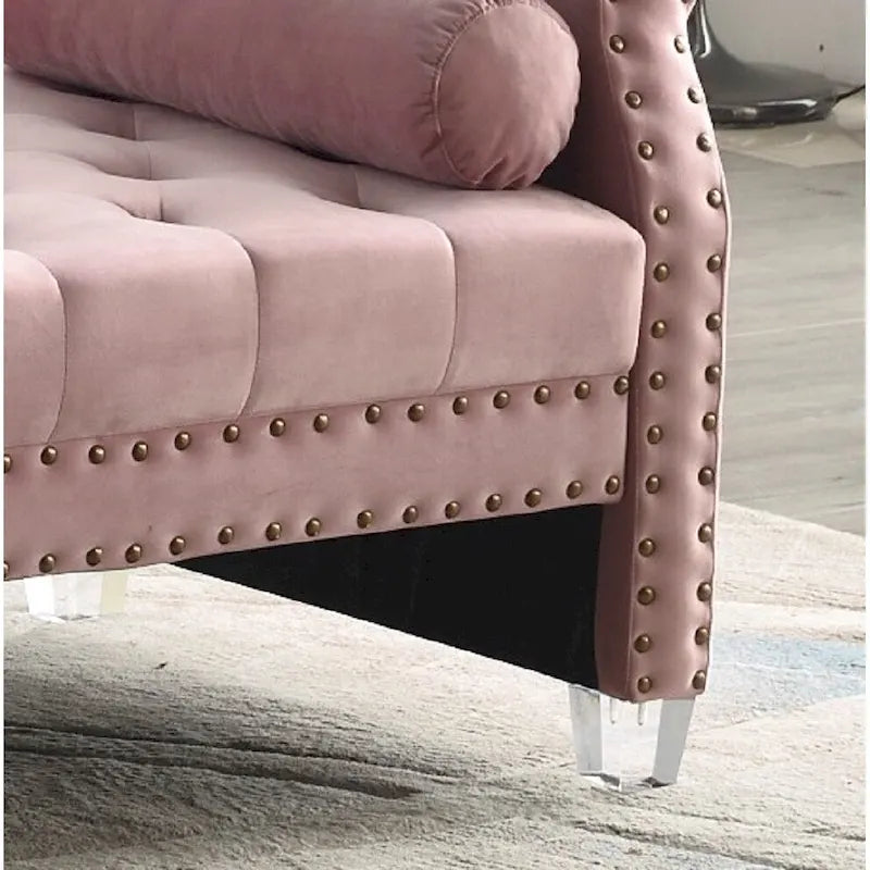 Banc capitonné surdimensionné en velours de 180 cm avec accoudoirs roulés et pieds en acrylique