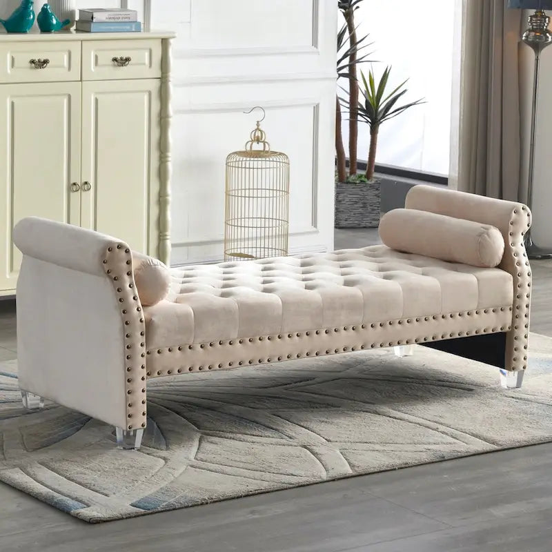 Banc capitonné surdimensionné en velours de 180 cm avec accoudoirs roulés et pieds en acrylique
